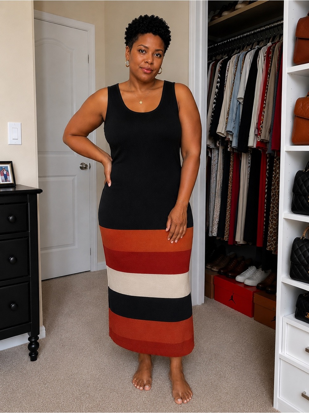 Sleeveless Maxi Dress with Colorblock Stripes - Black & Rust